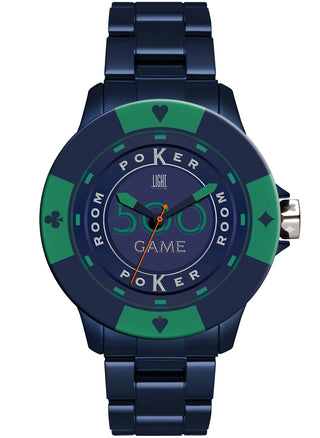 Front view of Light Time Poker Blue / Green L147L Polycarbonate Mens Watch on white background