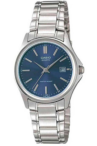 Front view of Casio Collection LTP-1183A-2A Blue Dial Grey Stainless Steel Womens Watch on white background