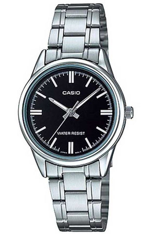 Front view of Casio Collection LTP-V005D-1A Black Dial Grey Stainless Steel Womens Watch on white background