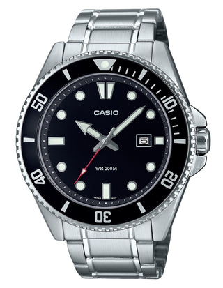 Front view of Casio Collection MDV-107D-1A1 Black Dial Grey Stainless Steel Mens Watch on white background