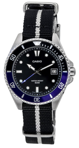 Front view of Casio Collection MDV-10C-1A2 Black Fabric Mens Watch on white background