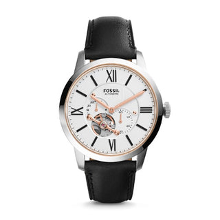 Front view of Fossil Townsman ME3104 White Dial Black Leather Mens Watch on white background