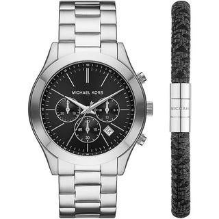 Front view of Michael Kors Slim Runway Chronograph MK1056SET Steel Stainless Steel Mens Watch on white background