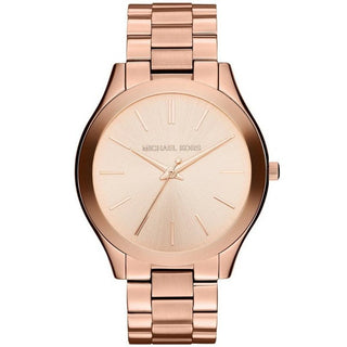 Front view of Michael Kors Slim Runway MK3197 Rose Gold Stainless Steel Womens Watch on white background