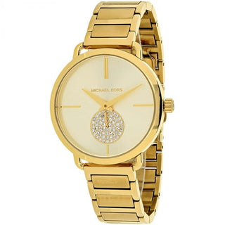 Front view of Michael Kors Portia MK3639 Gold Stainless Steel Womens Watch on white background