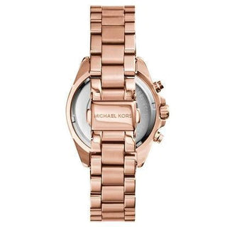 Angle shot of Michael Kors Bradshaw Chronograph MK5799 Rose Gold Stainless Steel Womens Watch on white background