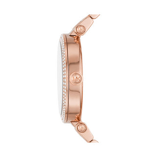 Angle shot of Michael Kors Parker MK7286 Rose Gold Stainless Steel Womens Watch on white background