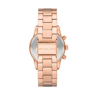 Angle shot of Michael Kors Ritz Chronograph MK7302 Rose Gold Stainless Steel Womens Watch on white background