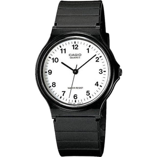 Front view of Casio Collection MQ-24-7BLLEG White Dial Black Resin Mens Watch on white background