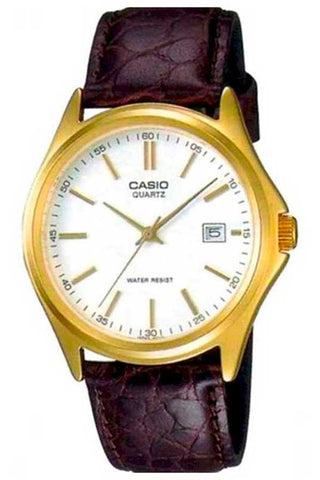 Front view of Casio Collection MTP-1183Q-7A White Dial Brown Leather Mens Watch on white background