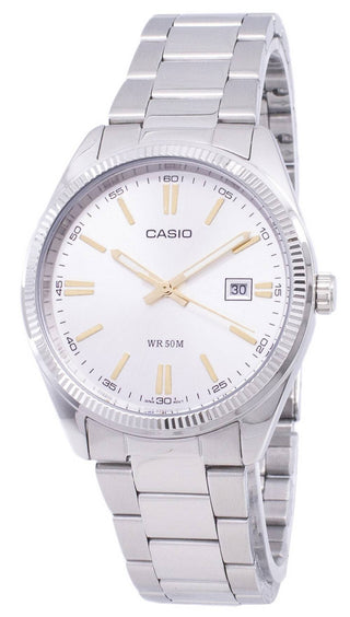 Front view of Casio Date Silver Gold Indexes MTP-1302D-7A2VDF Mens Watch on white background