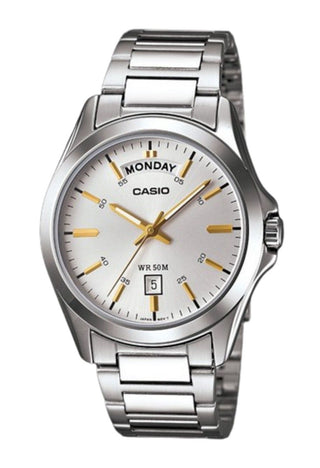 Front view of Casio Collection MTP-1370D-7A2 White Dial Grey Stainless Steel Mens Watch on white background