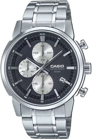 Front view of Casio Collection Chronograph MTP-E510D-1A2 Black Dial Grey Stainless Steel Mens Watch on white background