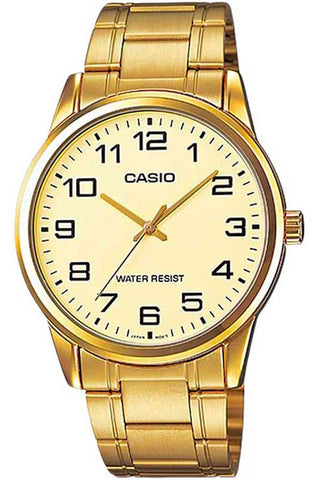 Front view of Casio Collection MTP-V001G-9B Gold Stainless Steel Mens Watch on white background