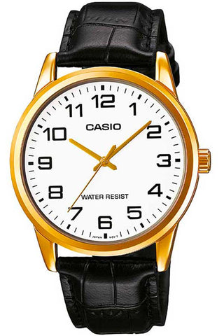 Front view of Casio Collection MTP-V001GL-7B White Dial Black Leather Mens Watch on white background