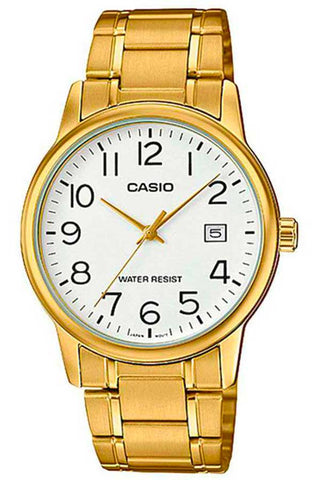 Front view of Casio Collection MTP-V002G-7B2 White Dial Gold Stainless Steel Mens Watch on white background