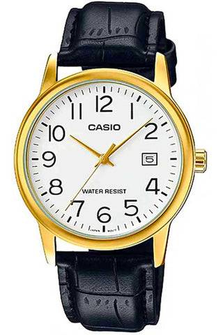 Front view of Casio Collection MTP-V002GL-7B2 White Dial Black Leather Mens Watch on white background