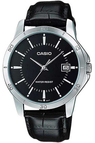 Front view of Casio Collection MTP-V004L-1A Black Leather Mens Watch on white background