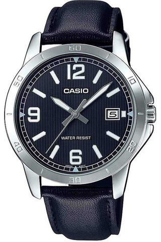 Front view of Casio Collection MTP-V004L-1B Black Leather Mens Watch on white background