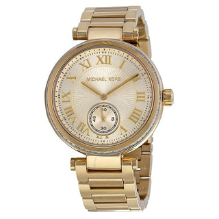 Front view of Michael Kors Skylar MK5867 Gold Dial Stainless Steel Womens Watch on white background