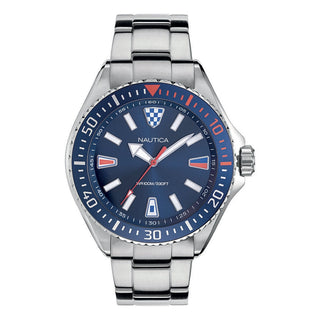 Front view of Nautica Crandon Park Beach NAPCPS904 Blue Dial Grey Stainless Steel Mens Watch on white background