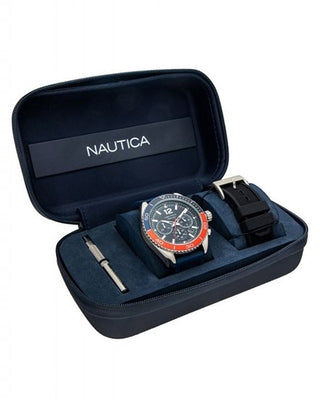 Angle shot of Nautica Chronograph NAPKBF020 Black Dial Blue Rubber Mens Watch on white background