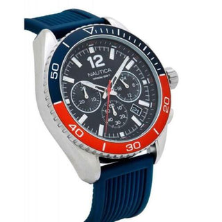 Angle shot of Nautica Chronograph NAPKBF020 Black Dial Blue Rubber Mens Watch on white background