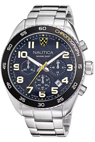 Front view of Nautica Chronograph NAPKBS227 Blue Dial Grey Stainless Steel Mens Watch on white background