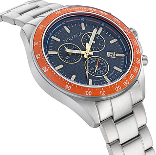 Angle shot of Nautica Chronograph NAPOBF117 Blue Dial Grey Stainless Steel Mens Watch on white background