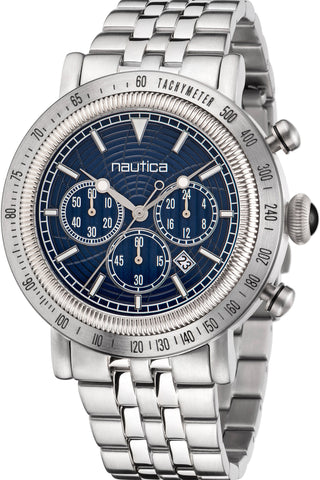 Front view of Nautica Chronograph NAPSPF203 Blue Dial Grey Stainless Steel Mens Watch on white background