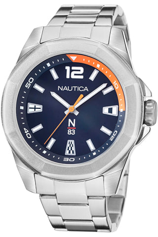 Front view of Nautica Chronograph NAPTBF103 Blue Dial Grey Stainless Steel Mens Watch on white background