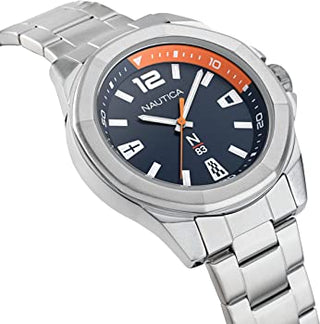 Angle shot of Nautica Chronograph NAPTBF103 Blue Dial Grey Stainless Steel Mens Watch on white background