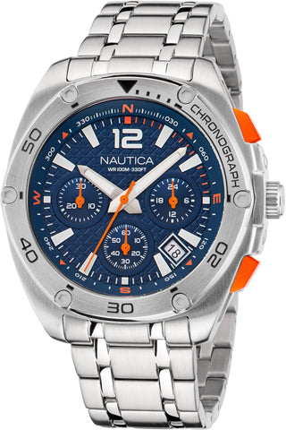 Front view of Nautica Chronograph NAPTCF212 Blue Dial Grey Stainless Steel Mens Watch on white background