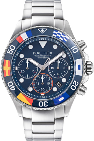 Front view of Nautica Chronograph NAPWPF909 Blue Dial Grey Stainless Steel Mens Watch on white background