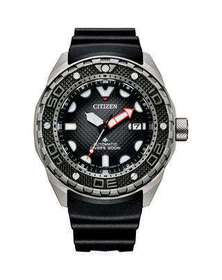 Front view of Citizen Promaster NB6004-08E Black Rubber Mens Watch on white background