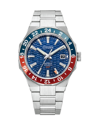 Front view of Citizen Gmt Mechanical NB6030-59L Blue Dial Silver Stainless Steel Unisex Watch on white background