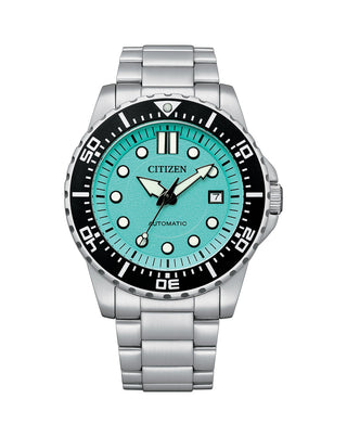 Front view of Citizen Classic Automatic Aqua Blue NJ0170-83X Mens Watch on white background