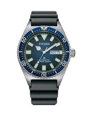 Front view of Citizen NY0129-07L Blue Dial Black Silicone Unisex Watch on white background