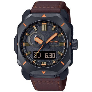 Front view of Casio Pro-Trek PRW-6900YL-5ER Grey Dial Brown Leather Mens Watch on white background