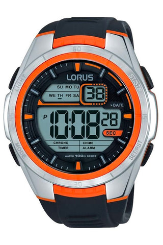 Front view of Lorus Sports R2311LX9 Black Rubber Unisex Watch on white background