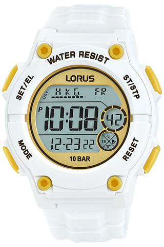 Front view of Lorus Sports R2337PX9 Gold Dial White Rubber Unisex Watch on white background