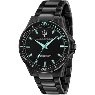 Front view of Maserati SFIDA Aqua Edition Analog R8853144001 Black Stainless Steel Mens Watch on white background