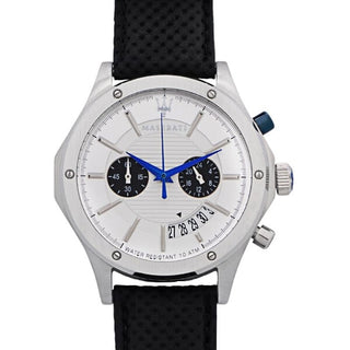 Front view of Maserati Circuito Analog Chronograph R8871627005 White Dial Silver Leather Mens Watch on white background