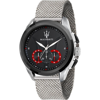Front view of Maserati Traguardo Chronograph R8873612005 Black Dial Silver Stainless Steel Mens Watch on white background