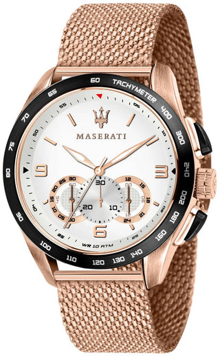 Front view of Maserati Traguardo Chronograph R8873612011 Silver Dial Rose Gold Stainless Steel Mens Watch on white background