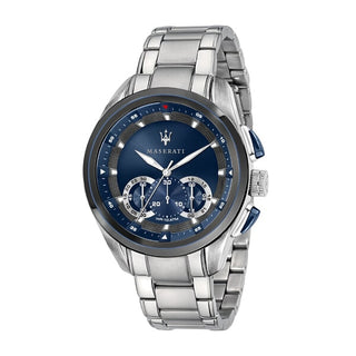 Front view of Maserati Traguardo Chronograph R8873612014 Black & Blue Dial Silver Stainless Steel Mens Watch on white background