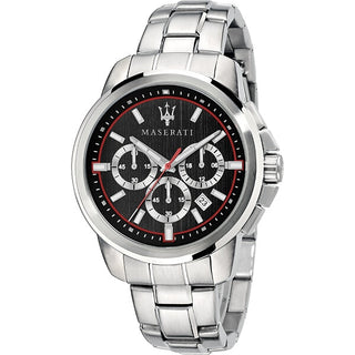 Front view of Maserati Successo Chronograph R8873621009 Black Dial Silver Stainless Steel Mens Watch on white background