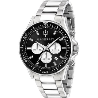 Front view of Maserati SFIDA Chronograph R8873640004 Black Dial Silver Stainless Steel Mens Watch on white background