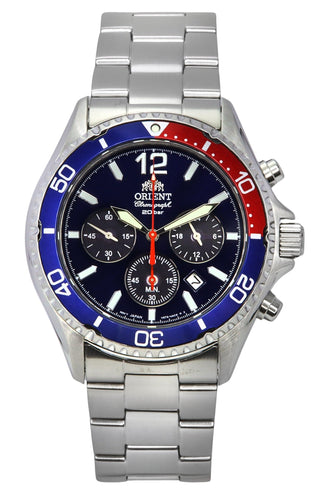 Front view of Orient Mako Solar Powered RA-TX0201L10B Mens Watch on white background