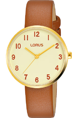 Front view of Lorus Lady RG222SX9 Brown Leather Womens Watch on white background